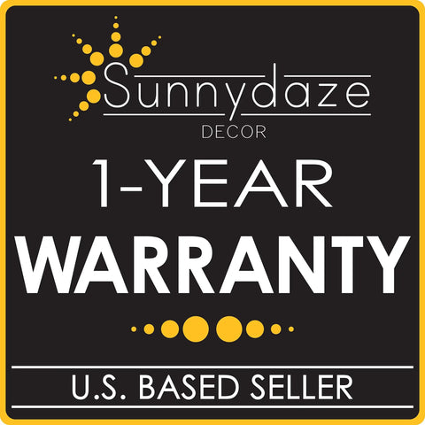Sunnydaze Decor 1-Year Warranty label for U.S. based seller with decorative elements.