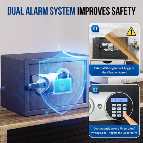Home Biometric Safe 1.0 Cub With Fingerprint Access, 10-Digit Keypad, LCD Screen, Hidden Dual Alarm, displayed with security features