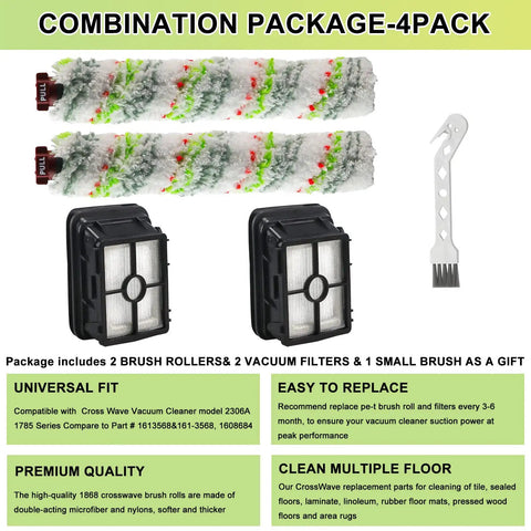 Pet Pro Replacement Roller Brush And Filter Set For Crosswave Vacuum Models Including 1785 And 2306 Series 2 Pack Brush And 2 Pack Fil