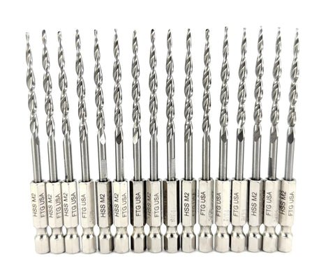 Workhorse Heavy Duty 16 Piece Parabolic Flute Drill Bit Set For Wood Number 6 Size Ninety Sixteenths Inch Tapered Countersink Hss M2 Grade Steel Kit displayed in a compact formation.
