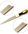 Badass Wood Rasp File Set Heavy Duty Carbon Steel With Comfort Grip Handles For Quick Shaping And Smoothing Six Eight Ten Inch Grind Ready Woodworking Trio In A Snug Storage Bag close-up of tapered carving file with cushioned grip.