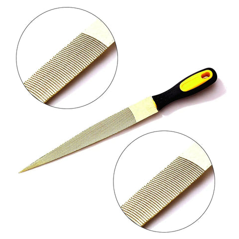 Badass Wood Rasp File Set Heavy Duty Carbon Steel With Comfort Grip Handles For Quick Shaping And Smoothing Six Eight Ten Inch Grind Ready Woodworking Trio In A Snug Storage Bag close-up of tapered carving file with cushioned grip.