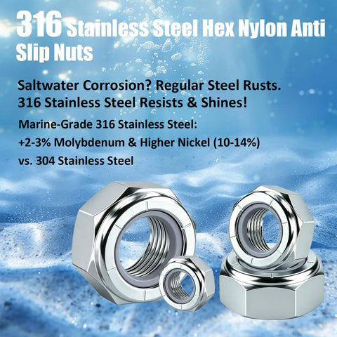 Heavy Duty Nylon Insert Lock Nuts 316 Stainless Steel Marine Grade Boat Hardware For Smooth Sailing And Zero Rust Nonsense Solid Build Rig Ready Pack in water background.