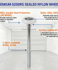 Diagram of 10 Pack 7 Inch Stem 2 Inch Sealed Nylon Garage Door Rollers Ultra Quiet Long Lasting High Load Uses 6200 Double Seals Precision Bearings For Home And Commercial Use with highlighted features and a garage door in the background.