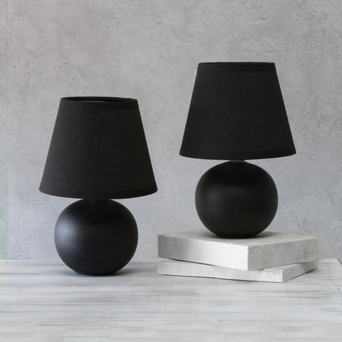 Two Pack Mini Ceramic Globe Table Lamps With Matching Fabric Shades In Black 8.66 Inch Tall And 5.51 Inch Shade Diameter