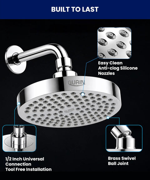 High Pressure 6 Inch Rainfall Shower Head With Adjustable Angles 90 Anti Clog Nozzles polished chrome finish
