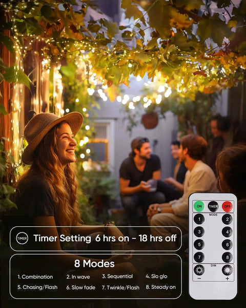 Group under 4 Pack 20 Ft 60 Led Fairy Lights Battery Operated With Remote Waterproof 8 Modes on patio at night.