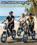 Riders on Offroad 1500W Peak Motor Fat Tire Electric Bike with dual suspension on a beach path.