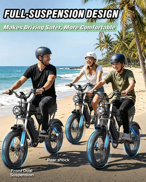Riders on Offroad 1500W Peak Motor Fat Tire Electric Bike with dual suspension on a beach path.