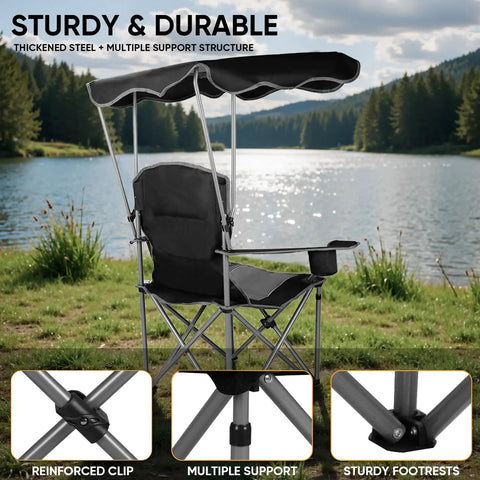 Black folding camping chair with canopy shade and cup holders, beach ready with armrests, lakeside view, UPF 50 sun shield.