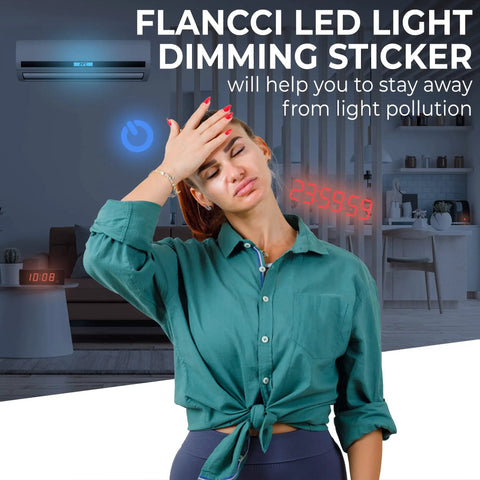 Woman in room with LED glare illustrates need for LED Dimming Stickers for Sleep Friendly Light Reduction, Adhesive Light Filters.