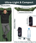 Man lying on Ultralight Camping Sleeping Pad 17.5 Oz Compact Inflatable Mattress with size comparisons