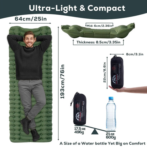 Man lying on Ultralight Camping Sleeping Pad 17.5 Oz Compact Inflatable Mattress with size comparisons