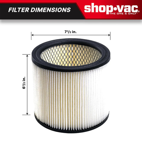 2-Pack Reusable Large Wet And Dry Vacuum Cartridge Filter dimensions shown, 7.5in diameter, 6.5in height for heavy duty cleanup