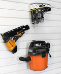 Double 8 Inch Locking Hooks Built For PVC Slatwall Panels holding tools and skates in garage