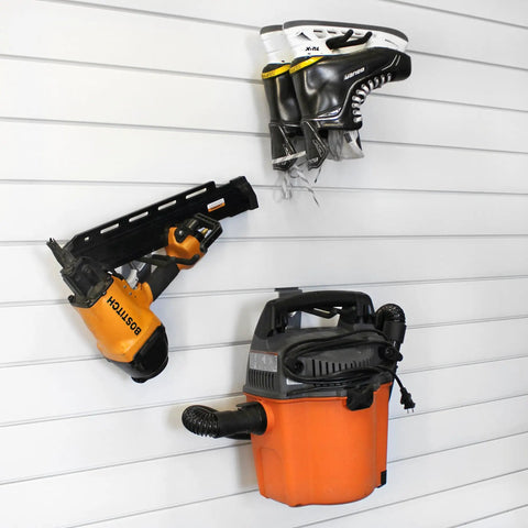 Double 8 Inch Locking Hooks Built For PVC Slatwall Panels holding tools and skates in garage