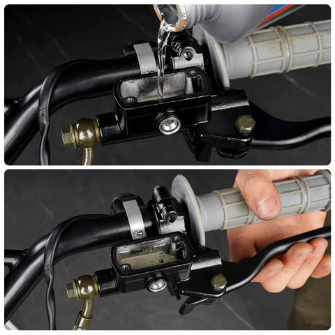 Left Hydraulic Brake Clutch Master Cylinder Lever With 8mm Banjo Bolt For 7 8 Inch Handlebars Fits Hydraulic Brake Or Clutch Systems On 90cc 110cc 125cc Chinese Pit Dirt Bikes Built To Last installed on handlebars, fluid being poured