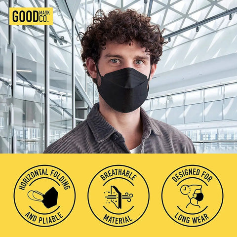 Man wearing KN95 Face Mask Disposable Folding For All Day Comfy 95 Percent Filtration Black Bulk 25 Pack With Elastic Ear Loops