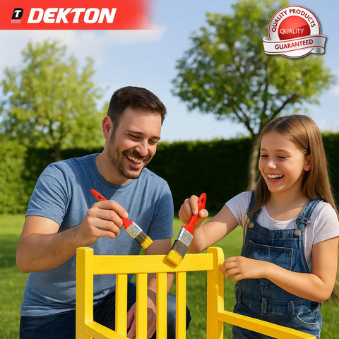 Father and daughter painting a chair with Five Piece Paint Brush Set With Durable Synthetic Bristles For All Paint Types
