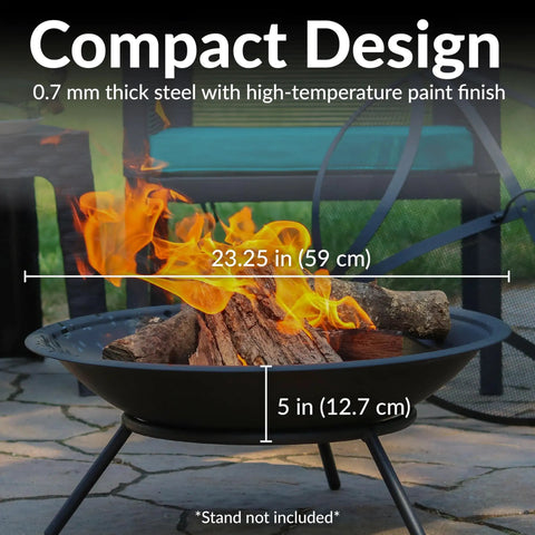 Round 23 Inch Wood Burning Fire Pit Insert For Outdoor Use Replacement Bowl with firewood on patio, compact design