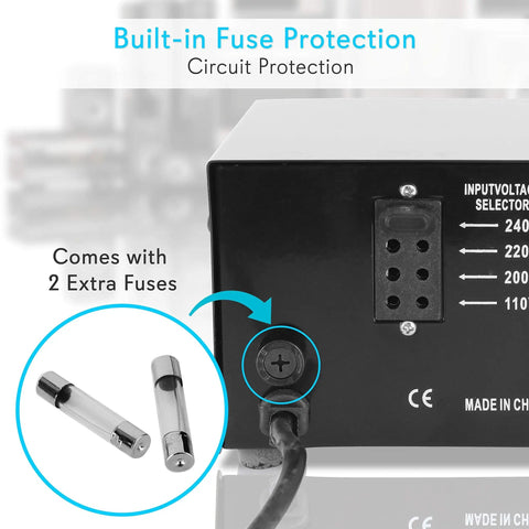 Back view of Beefy 500W Step Up Step Down Voltage Converter showing fuse protection and two extra fuses included.