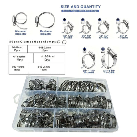 Heavy Duty Worm Gear Hose Clamps Kit Stainless Steel Assortment 120 Piece Range From Quarter Inch To One Half Inch For Fuel Lines And Plumbing Jobs Sure Grip Tight Seal No Leak Performance. stainless worm-drive clamps in organizer box