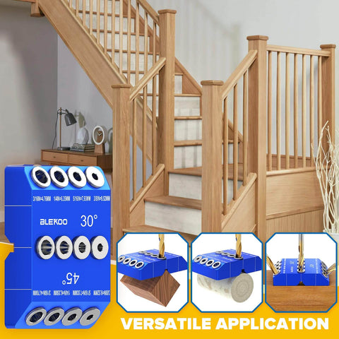 Pro Grade Angled Drill Guide Jig Kit For Wood Posts And Cable Railing with four durable bits, shown in use