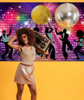 Throwback Disco Backdrop For 70s 80s 90s Parties, Neon Night Photo Booth Background Banner with silhouette dancers and disco balls
