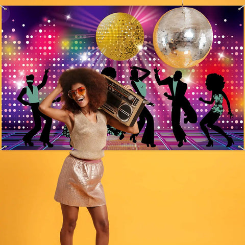 Throwback Disco Backdrop For 70s 80s 90s Parties, Neon Night Photo Booth Background Banner with silhouette dancers and disco balls