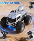 1:18 Amphibious RC Monster Car for Kids performing 360° rotation on sandy terrain, showcasing front and back wheel lifts.