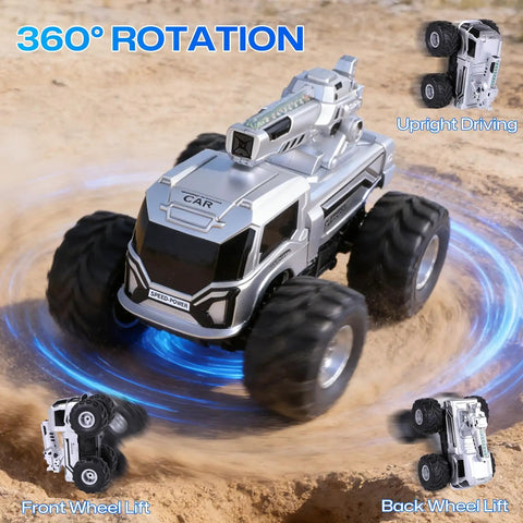 1:18 Amphibious RC Monster Car for Kids performing 360° rotation on sandy terrain, showcasing front and back wheel lifts.