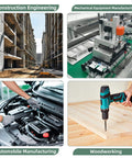 Compilation image showing construction engineering site, mechanical equipment, automobile manufacturing, and woodworking.
