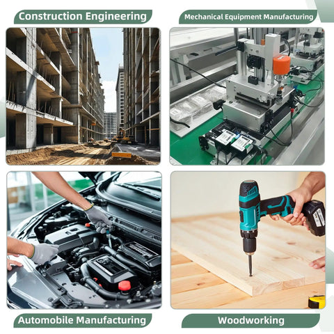 Image showcasing various applications of Heavy Duty 304 Stainless Steel Flat Head Machine Screws in construction, mechanical, automotive, and woodworking.
