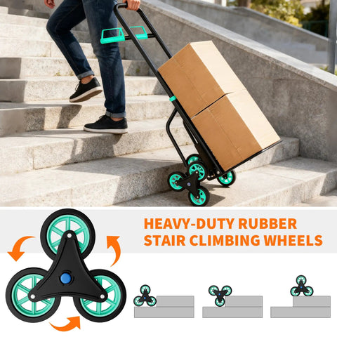 Stair Climbing Dolly Cart With Wheels 440 Lb Capacity, Folding Hand Truck For Stair Use, 2 In 1 Stair And Flat Mode With Triangular 6 Wheel System, Heavy Duty Steel Frame, Easy Push On Stairs with box on steps