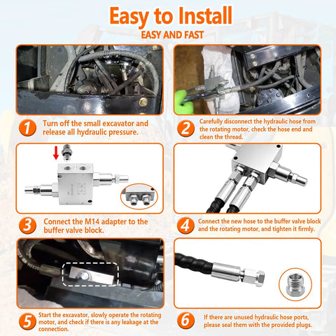Installation steps for Cushion Valve Kit for Small Excavators with 1/4 Inch Hoses and M14 Thread, showing parts and connections.