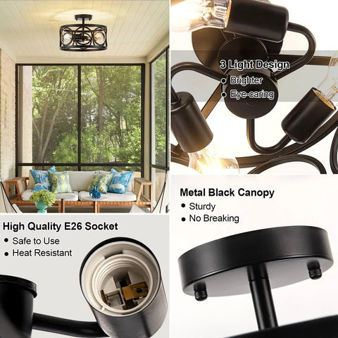 Three Light Semi Flush Mount Ceiling Fixture In Black Metal Farmhouse Chandelier in room setting and close-up details