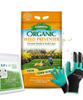 Front view of Corn Gluten Meal Weed Preventer For Lawns And Pathways With Slow Release Nitrogen For Thicker Greener Turf Includes Gardening Claw Gloves And Soil Test Strips Covers 1250 Sq Ft package.
