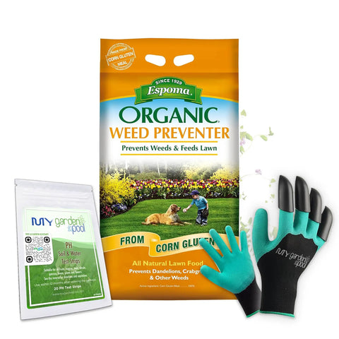 Front view of Corn Gluten Meal Weed Preventer For Lawns And Pathways With Slow Release Nitrogen For Thicker Greener Turf Includes Gardening Claw Gloves And Soil Test Strips Covers 1250 Sq Ft package.
