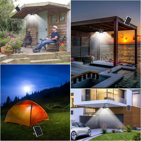 Collage of Solar Shed Light 176 LED 4 In 1 Heads illuminating a shed, patio, tent, and garage showing versatility for indoor/outdoor use.
