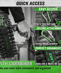 Person using carabiner to attach 20 Piece Nut Driver Set For Impact Drill With One Quarter Inch Hex Drive to belt loop