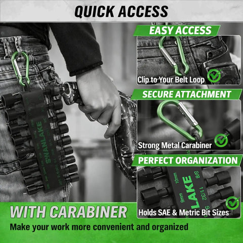 Person using carabiner to attach 20 Piece Nut Driver Set For Impact Drill With One Quarter Inch Hex Drive to belt loop
