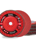 Heavy Duty Ceramic Flap Discs 40 Grit Type 27 4 1/2 X 7/8 Inch Arbor 5 Pack stacked for rust and paint removal on metal.