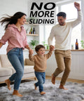 Family smiling on rug with 'No More Sliding' using 16Pcs Rug Gripper Tape Set, Non Slip Carpet Tape For Hardwood Floors And Tiles