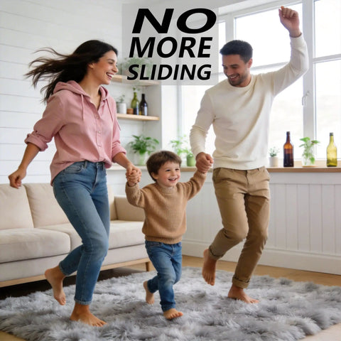 Family smiling on rug with 'No More Sliding' using 16Pcs Rug Gripper Tape Set, Non Slip Carpet Tape For Hardwood Floors And Tiles