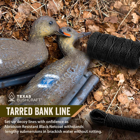 Size 36 Tarred Bank Line Cordage Black Nylon Twisted String For Fishing, Camping, And Outdoor Survival in use with duck decoys