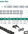 Roller Chain 41 Size, 20 Feet Carbon Steel Chain With Five Connecting Links, 1/2 Inch Pitch, diagram and specifications