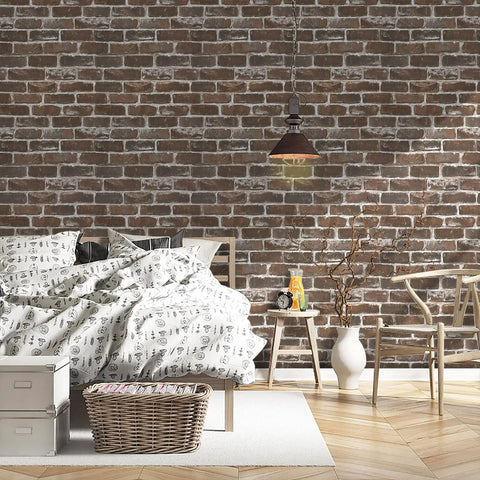 Bedroom with Vintage Brown Brick Peel And Stick Wallpaper Removable Faux 3D Brick For Walls And Fireplace Easy Install No Glue Required