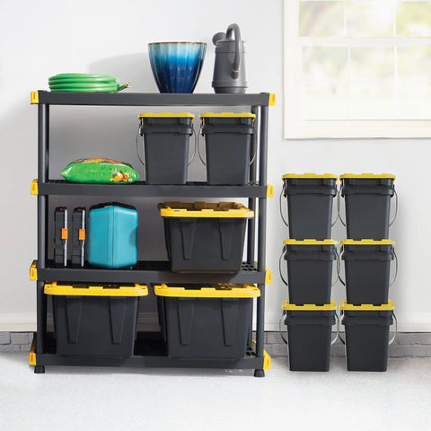 Heavy Duty 4 Tier Garage Storage Shelves With 4 Pack 27 Gallon Bins And Lids Built Tough To Stash Your Gear Tight And Support Heavy Loads Without Breaking A Sweat