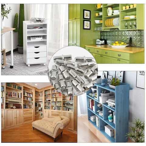 Slick Nickel Plated Iron Shelf Pins For Kitchen Cabinets And 50 Pack Of 5mm Heavy Duty Drawer Supports displayed with organized furniture.