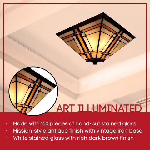 Mission Style 14 Inch Ceiling Fixture Lamp Semi Flush Mount With Wide Stained Glass In Tan Brown Antique Vintage Look on ceiling